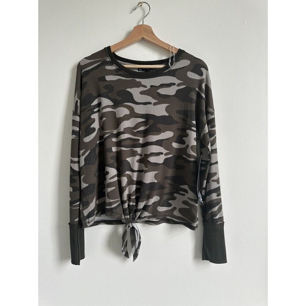 Derek Heart Tie Front Soft Stretchy Sweatshirt Top In Black Olive Camo Size M